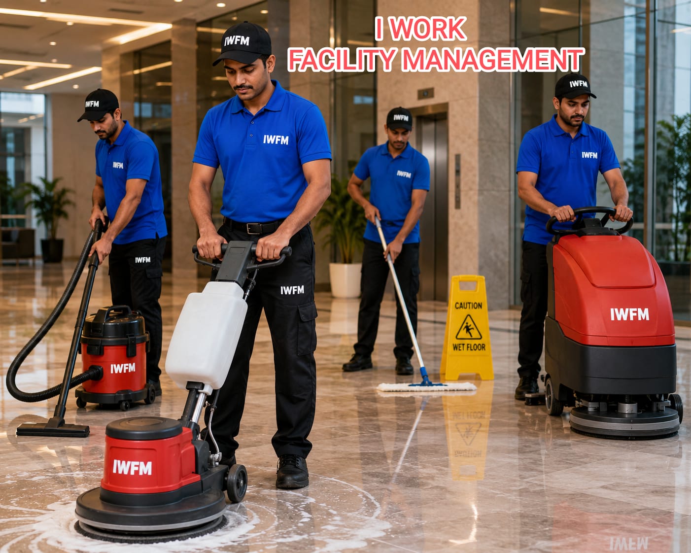 IWFM facility management team on site with cleaning equipment